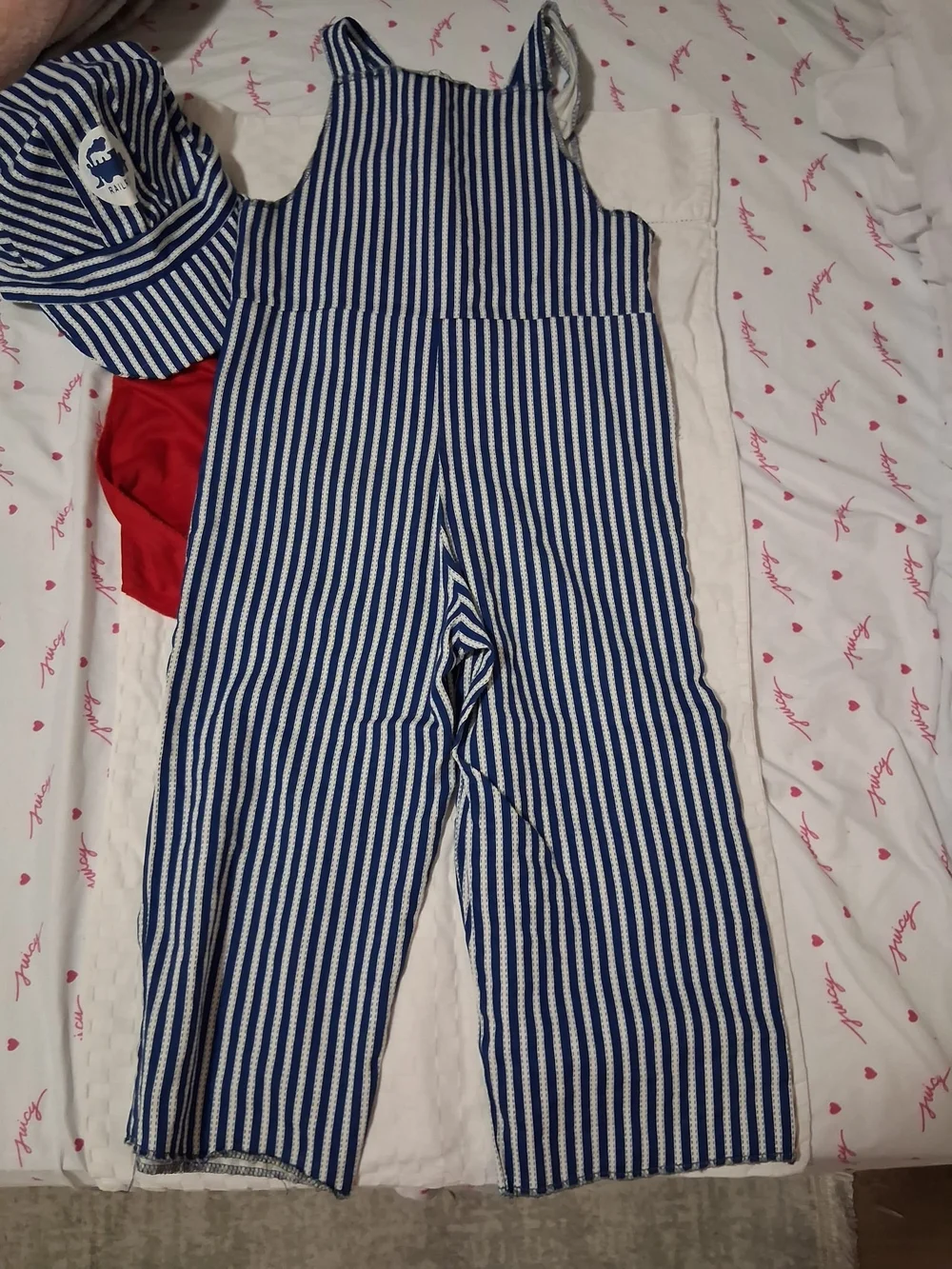 Kids Blue & White Striped Train Conductor Overalls with Red Bandana